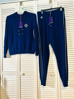 Ralph Lauren Cashmere Navy Track Jogger Set with White Piping
